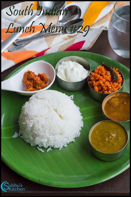 SouthIndian Lunch Menu #29 - Keerai Kuzhambu, Garlic Rasam, Carrot Poriyal,Rice, Curd and Pickle SouthIndian Lunch Menu #29 - Keerai Kuzhambu, Garlic Rasam, Carrot Poriyal,Rice, Curd and Pickle
