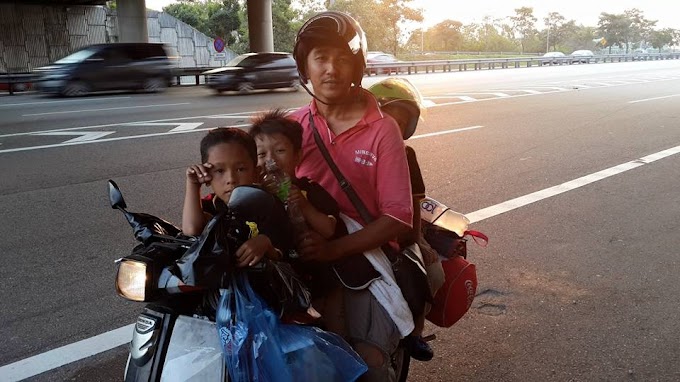 Kudrat Ayah tunggang motor bersama 3 Anak balik Kampung Beraya dari Sepang ke Pulau Pinang