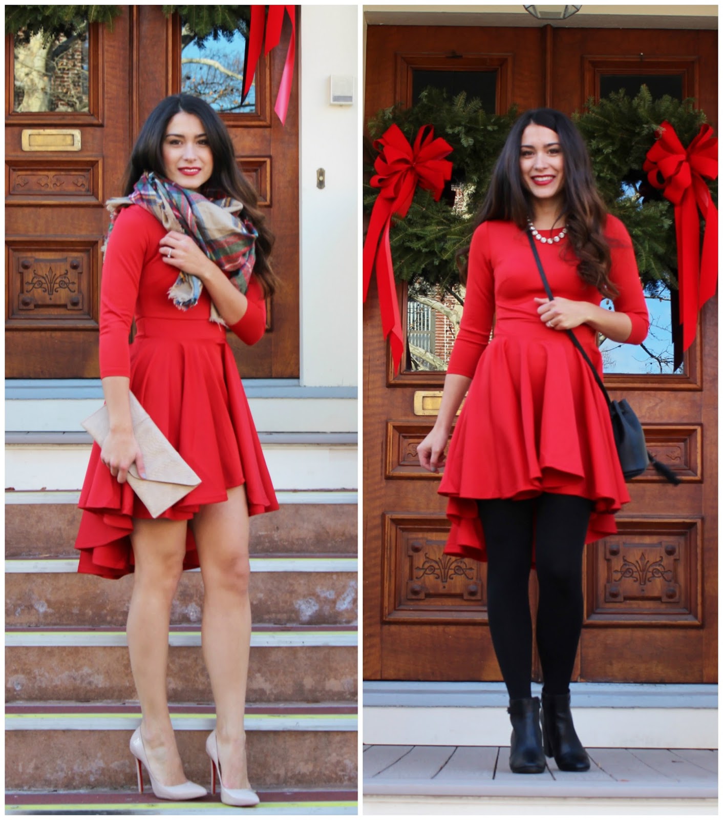 Holiday Style #red #dress #black #belt #leggings #booties #boots #gold  #clutch #christmas #holiday