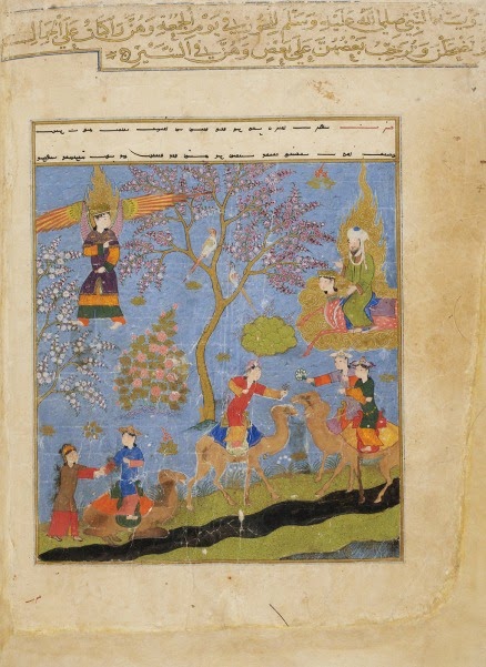 Fig. 49.- Muhammad asciende al cielo guiado por Gabriel. Miniatura de Afganistán, año 1436.