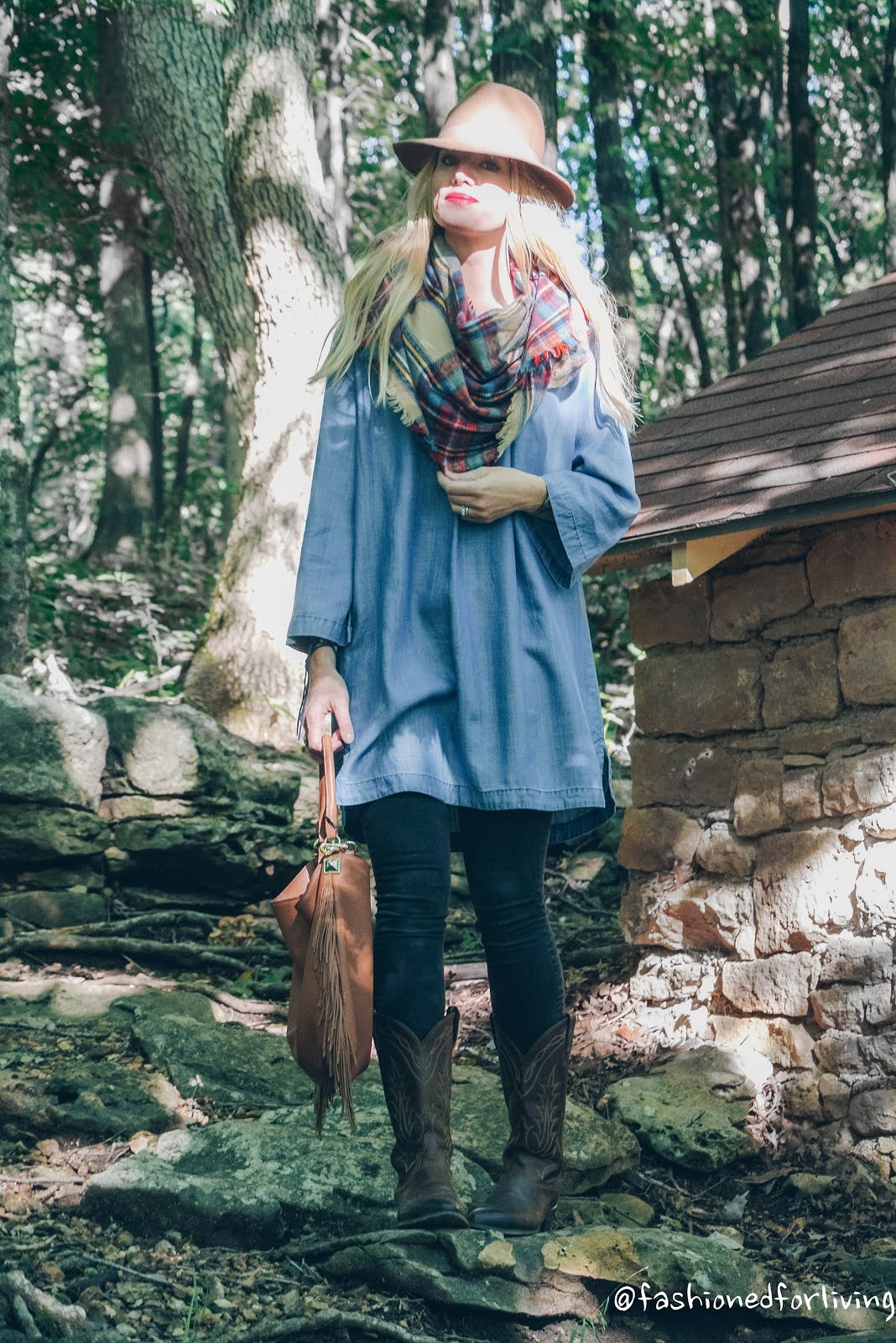 Fashioned For Living chambray dress/tunic with black skinny jeans and