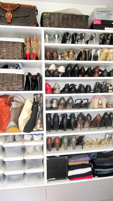 Alfonsina Romero's Shoe Closet Alfonsina Romero of AR-NY and Closet Room founder has a fantastic shoe closet in white and silver tones with flat shelves that are adjustable, to provide the right heights for flats (5.5" between shelves) and high heels (8" between shelves)