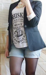 Cheeky Hat Girl - Denim Shorts, Whiskey Top, Long Blazer & Hut