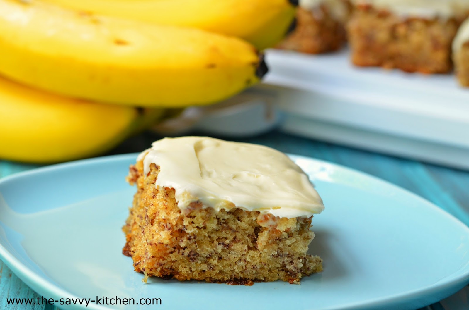 The Savvy Kitchen Banana Bread Bars with Cream Cheese Frosting