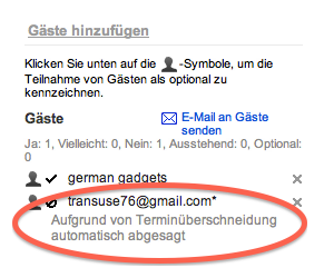 Screenshot einer Ansicht des Google Kalender, der Terminüberschneidungen automatisch ablehnt.