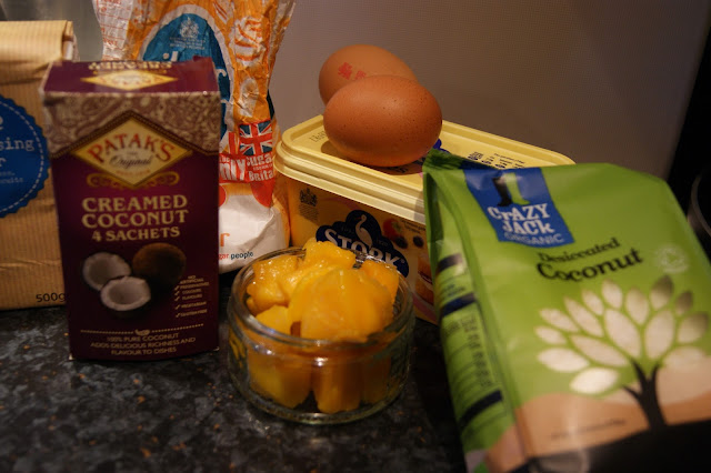 Tropical mango and coconut sponge cake ingredients