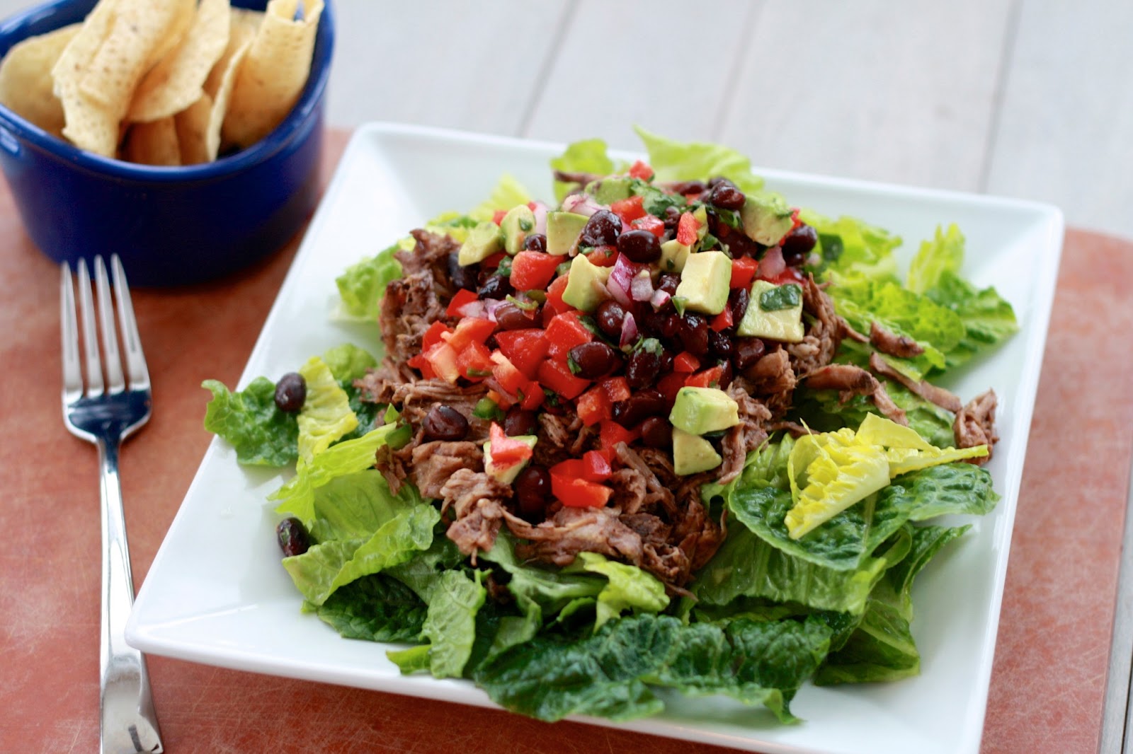 Barbacoa Beef Salads with Black Bean Avocado Salsa