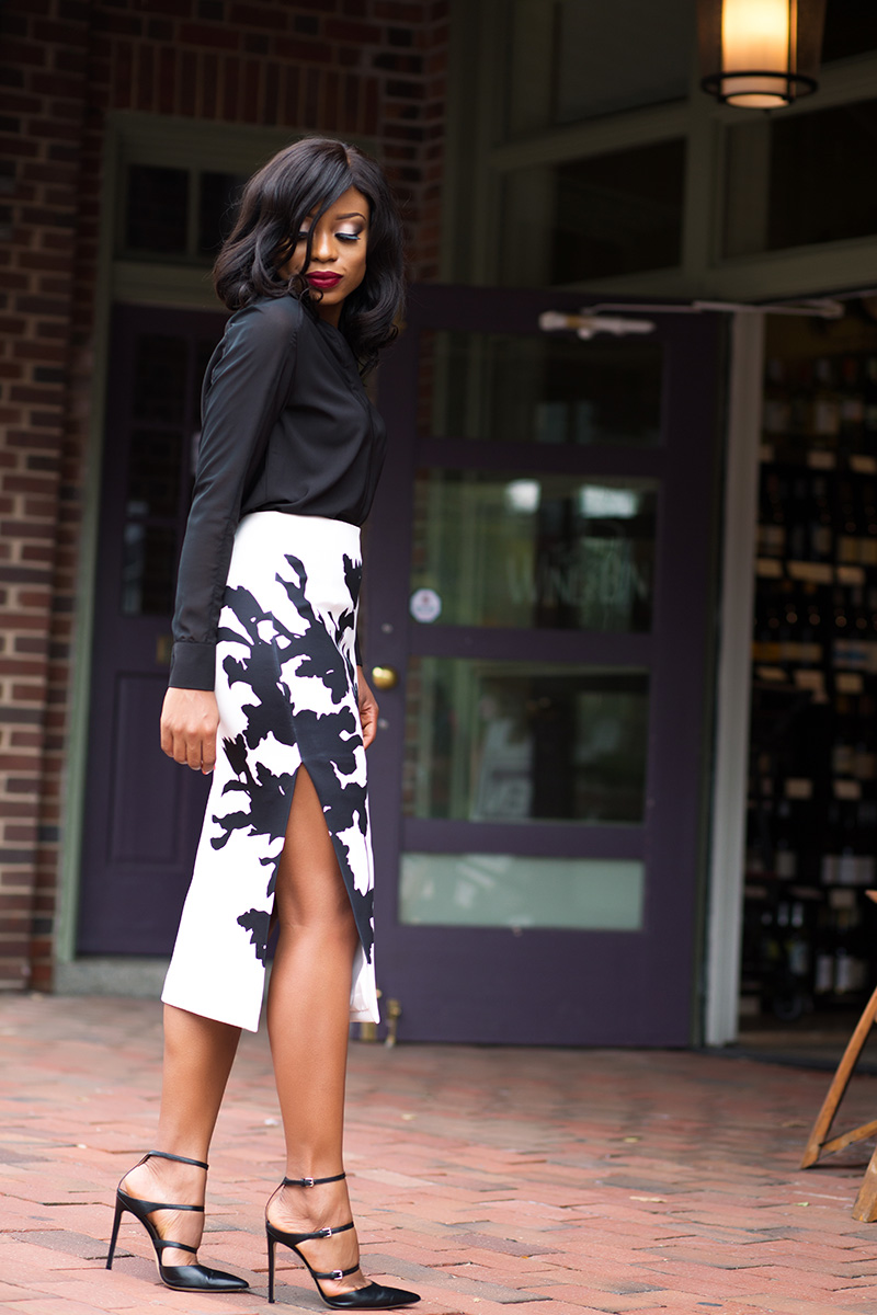 Cameo shadowplay column skirt from anthropologie, gianvito rossi buckle strap pumps