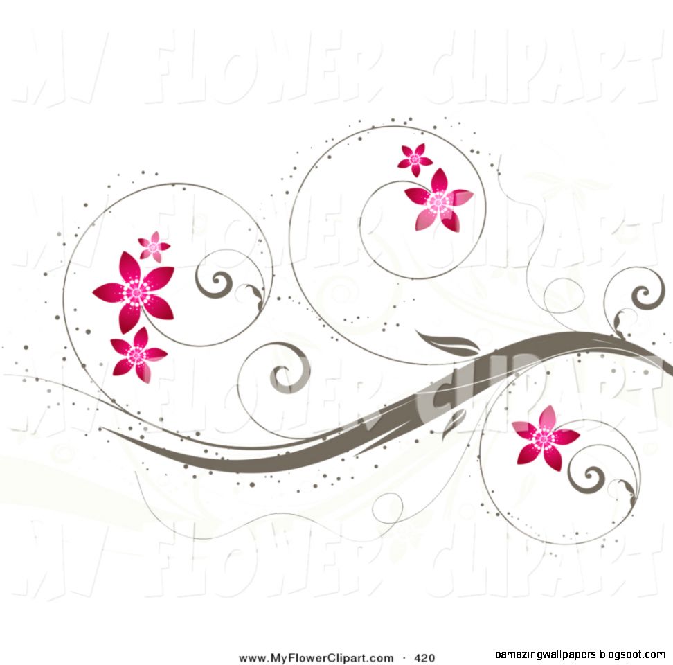 Clip Art of a Curling Brown Vines with Pink Flowers Growing over a Clip Art of a Curling Brown Vines with Pink Flowers Growing over a