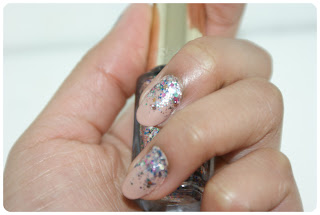 Reverse Glitter Nails L'Oreal nail polish in Sequin Explosion and Sally Hansen Cafe Au Lait