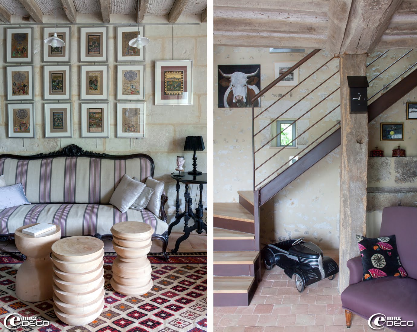 Dans la la maison d'hôtes 'La Maison d'Hector', trois poufs en bois sculpté 'Asiatides' et luminaires en céramique blanche 'Emery & Cie'