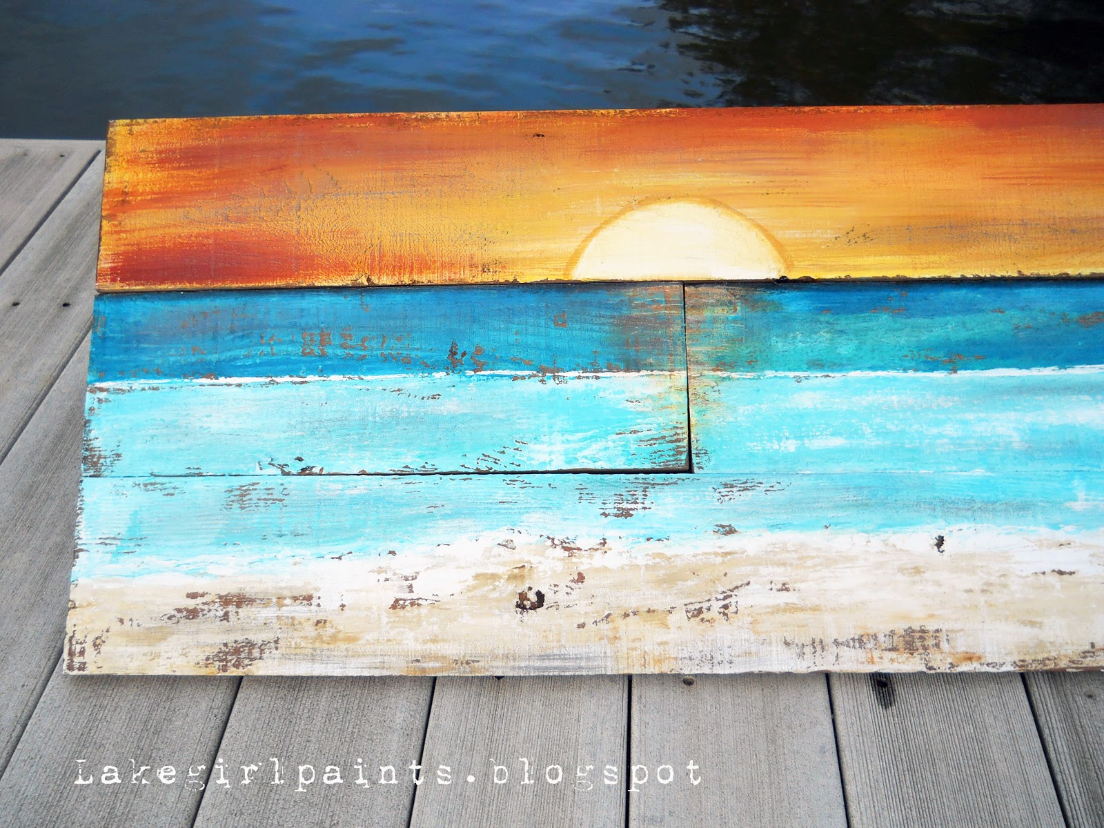 Lake Girl Paints Sunset Beach Art from Fence Boards