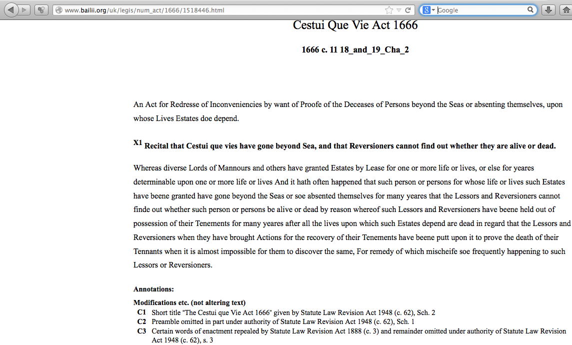MIKIPEDIA LAW BLOG CESTUI QUE VIE ACT 1666 FROM BAILII (ENGLISH