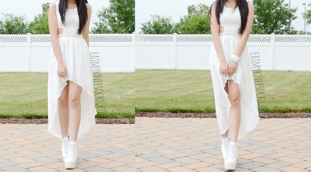 WalkTrendy - White High-Low Dress Modeled An all-white summer OOTD, with a white asymmetric-hem cutout-detailed dress from WalkTrendy and spiked Jeffrey Campbell Lita platform booties dupes.