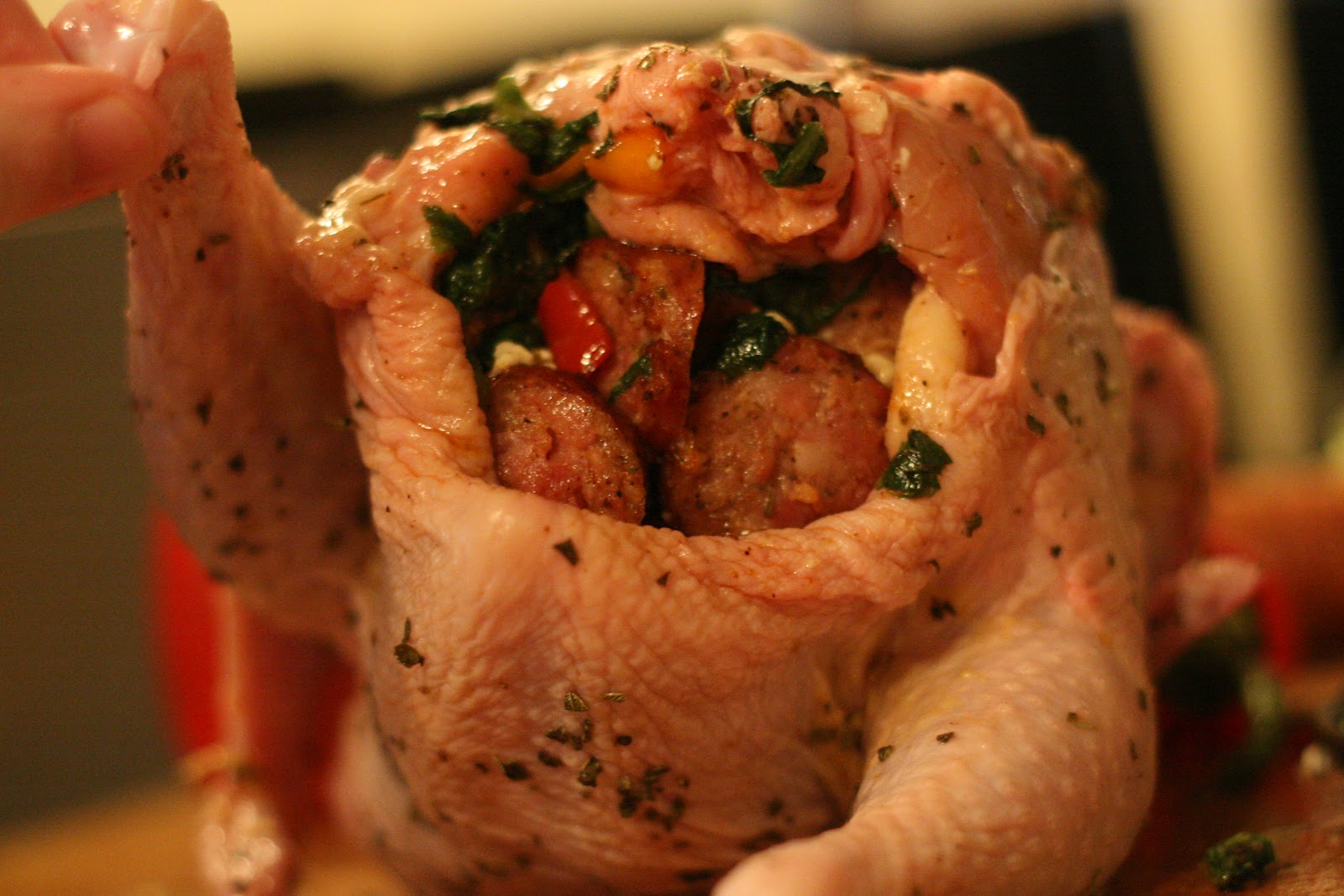 My Weekend's Cooked Grilled Whole Chicken Stuffed with Sausage, Greens