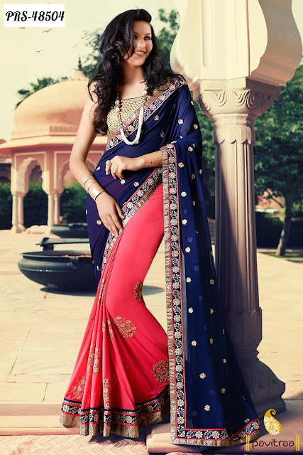 Latest blue pink georgette designer saree online shopping with discount offer sale and deal at pavitraa.in