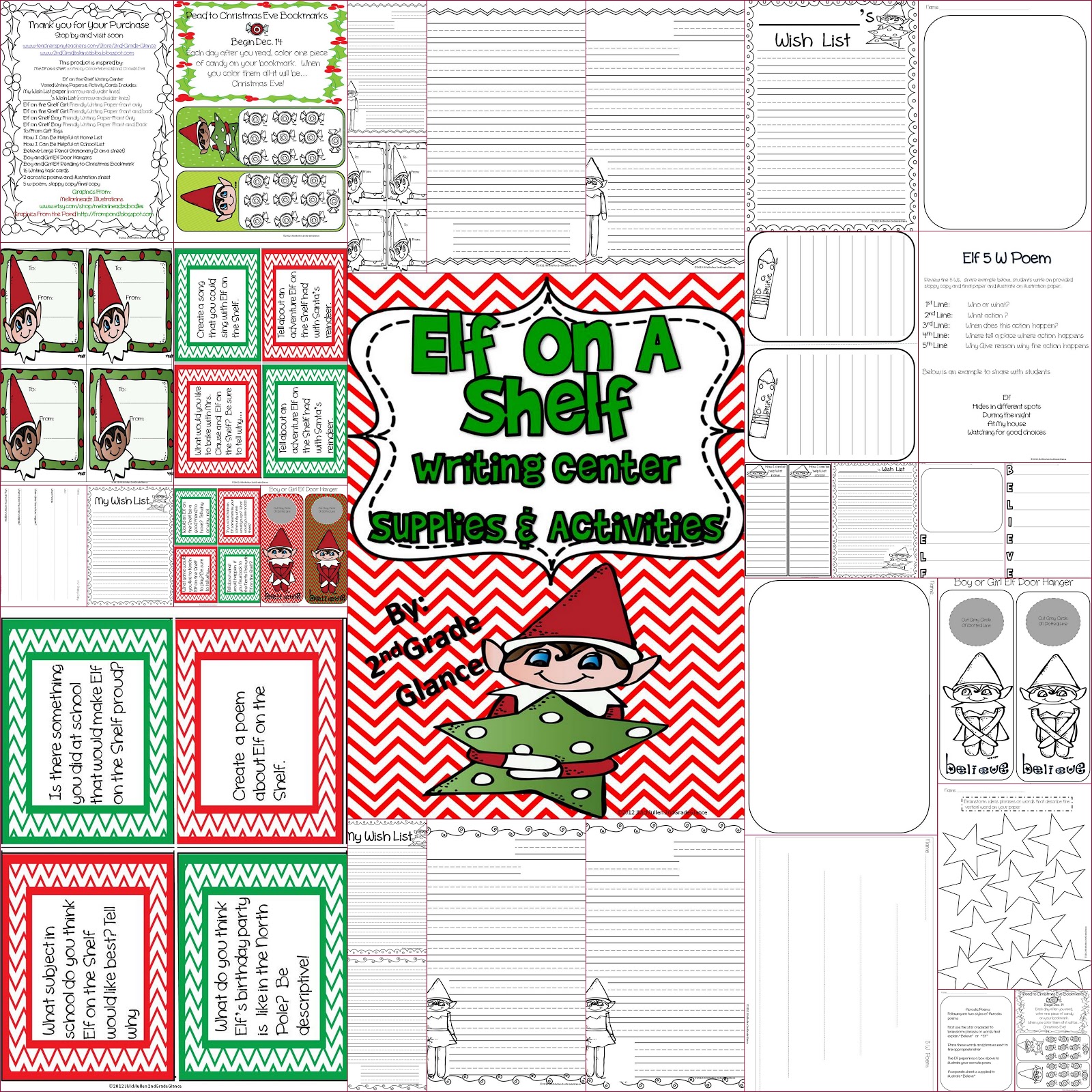 2nd Grade Glance Freebie Elf on Shelf Countdown Bookmark and Writing Center