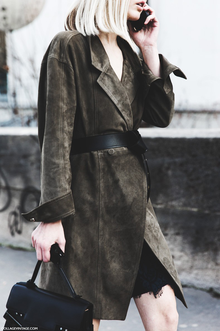 Paris fashion week street style, suede trench coat Paris fashion week street style, suede trench coat