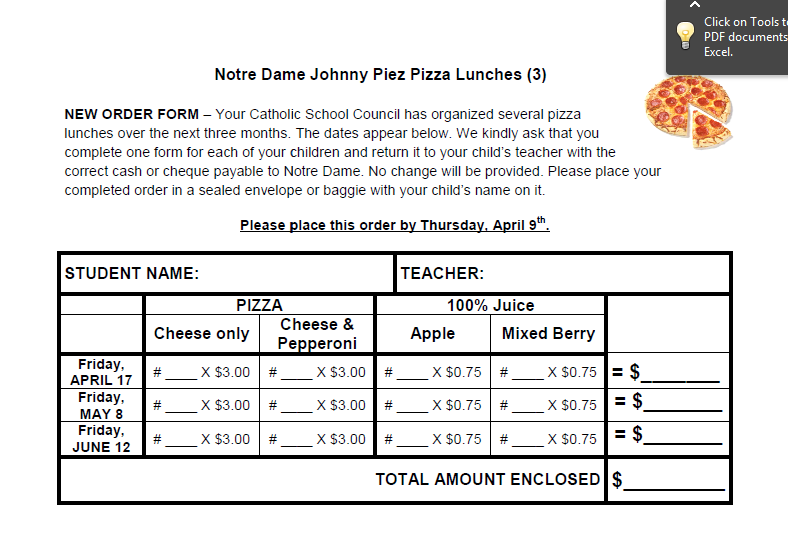 Notre Dame Catholic Elementary School News and Events Pizza Order Form