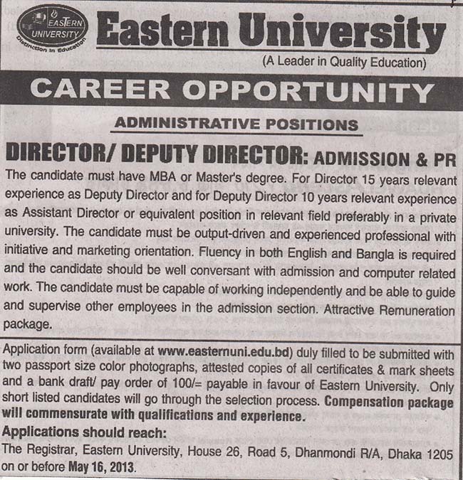 Jobs Barta Eastern University Bangladesh Jobs Circular, Post Director