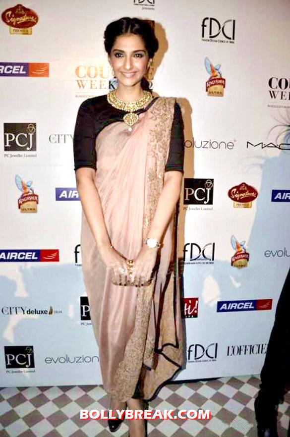 Sonam Kapoor Saree type dress Delhi Couture Week 2012 - (6) - Sonam Kapoor at the PCJ Delhi Couture Week 2012