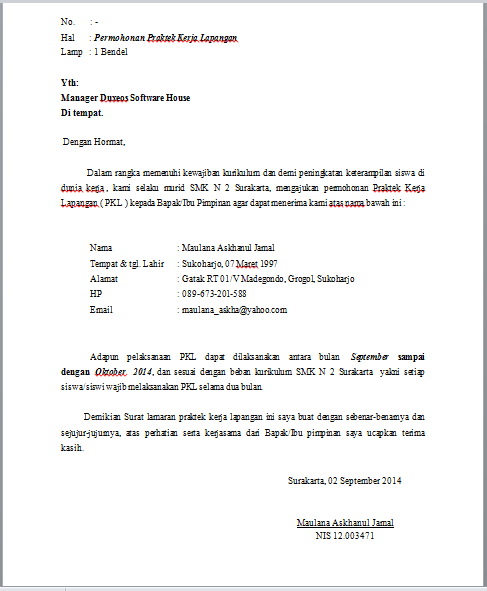 Jamal Experience Contoh Surat Lamaran Kerja Pkl