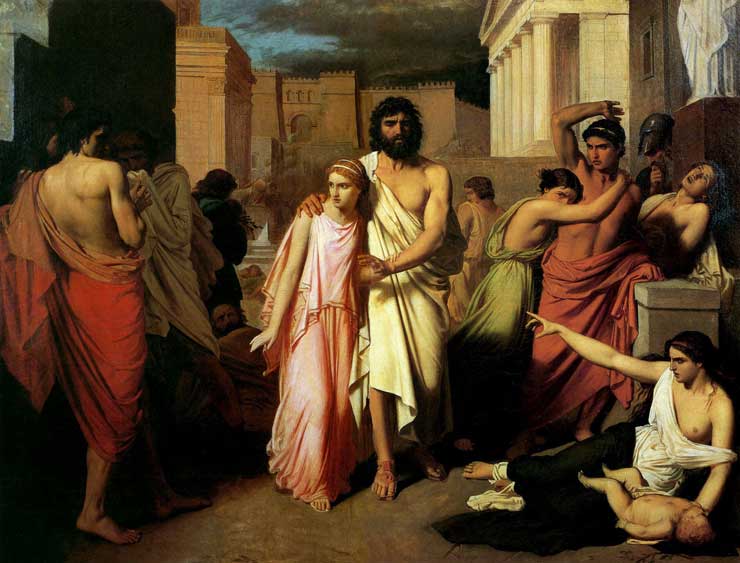 Antigone leads Oedipus out of Thebes