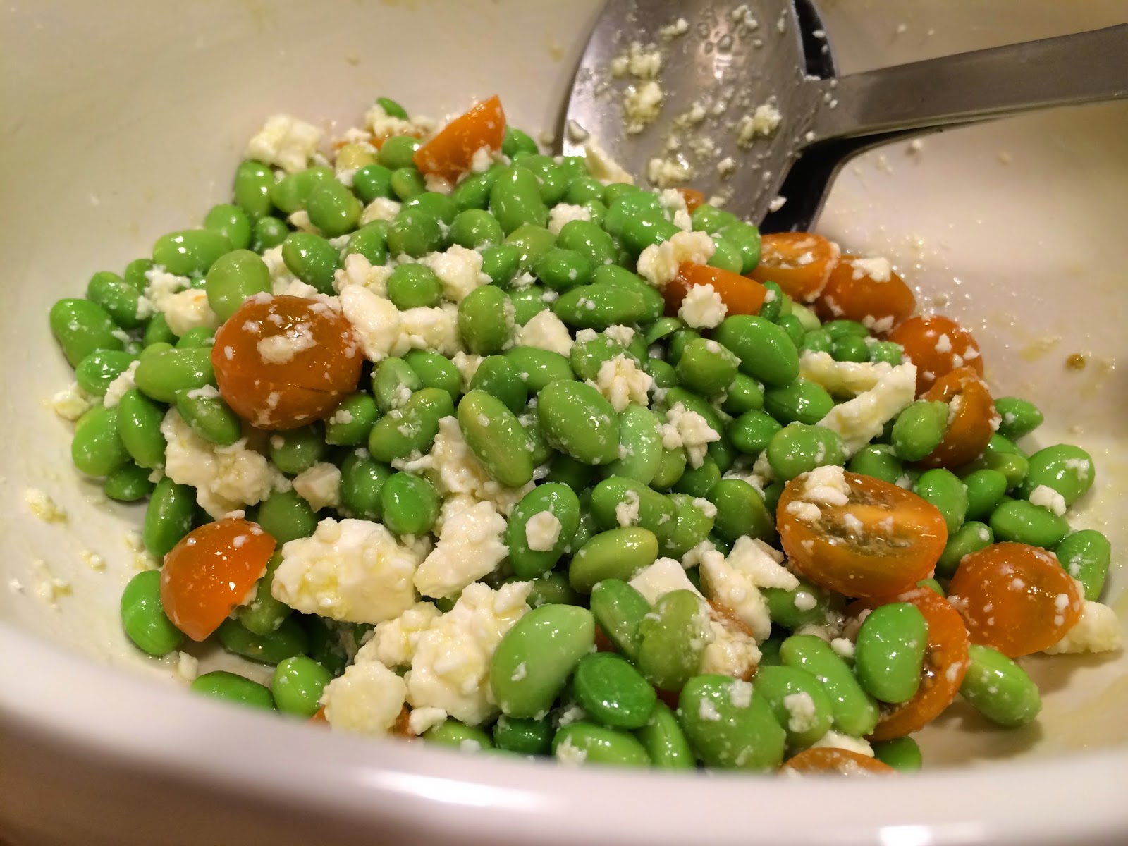 David Doesn't Bake Edamame with Feta and Grape Tomatoes
