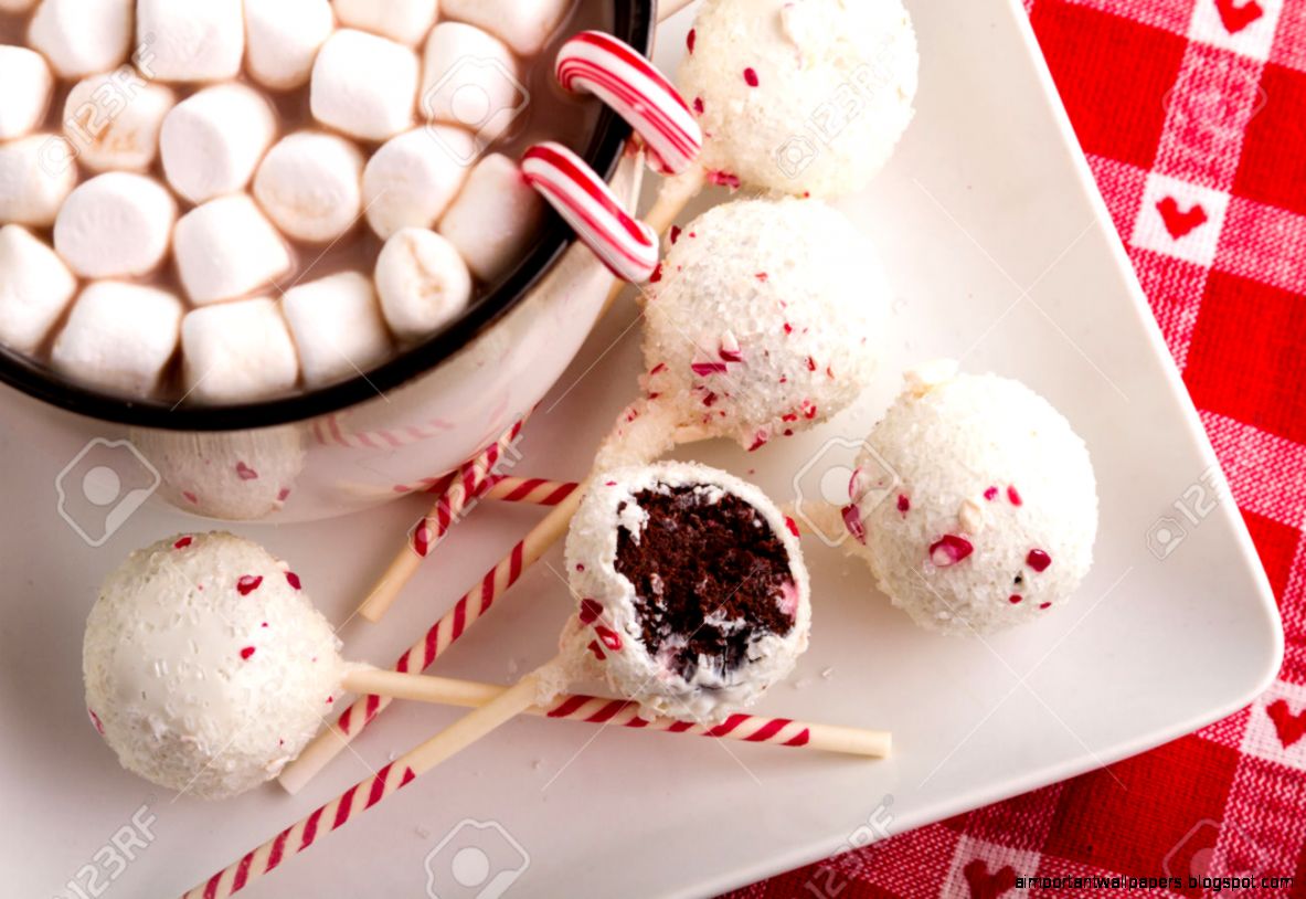 Peppermint Brownie Cake Pops On White Plate With Mug Of Hot Peppermint Brownie Cake Pops On White Plate With Mug Of Hot