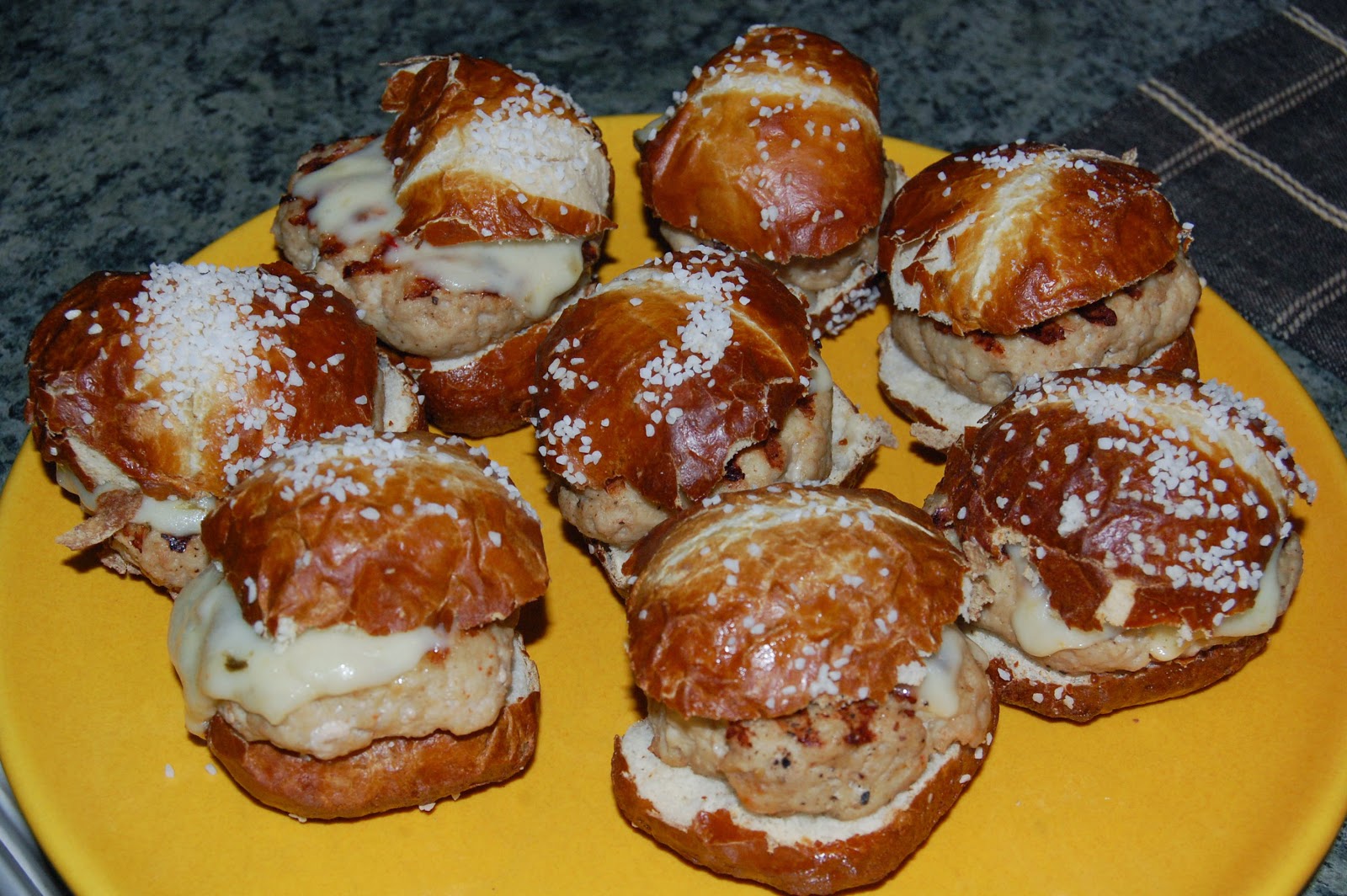 Chicken Sliders with Mustard on Pretzel Rolls