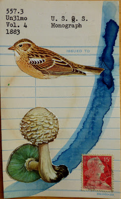 Shakespeare Hamlet sparrow bird library card mail art Dada Fluxus Mushroom postage stamp collage 