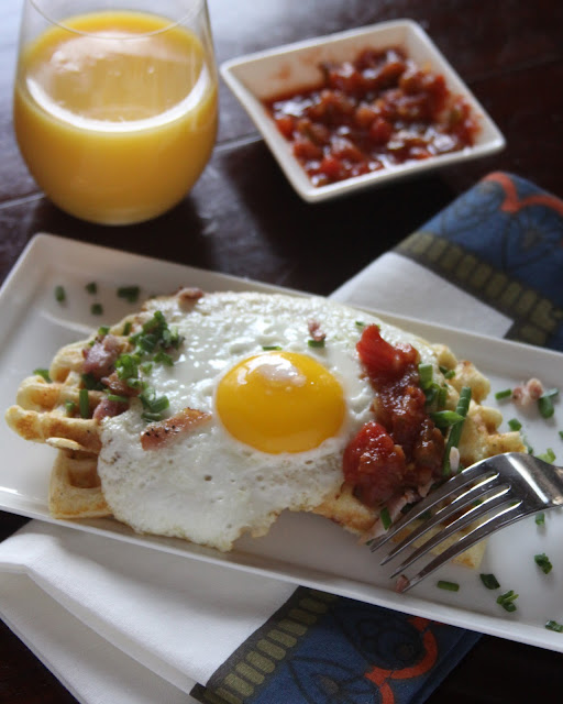 bacon waffles with eggs and salsa