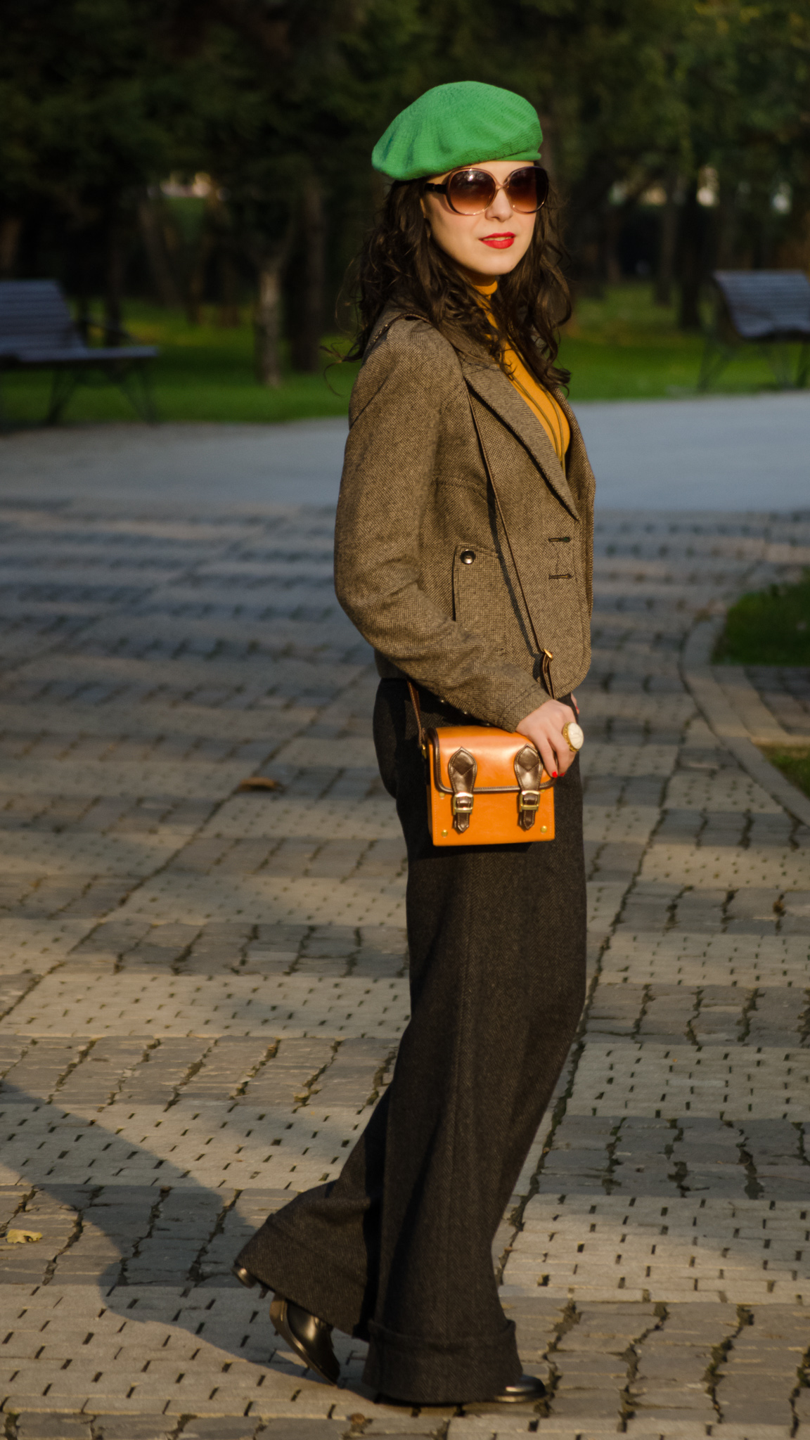 70s flare pants mustard turtleneck brown blazer jacket green beret french promod fall 