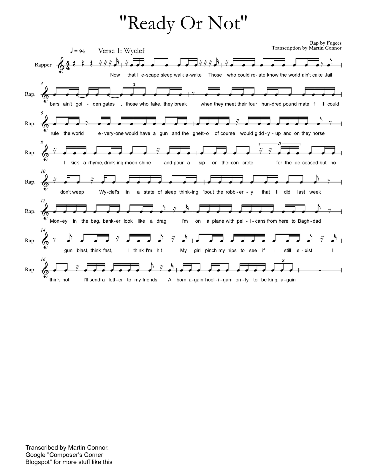 fugees ready or not rap musical transcription sheet music the lauryn hill sheet music