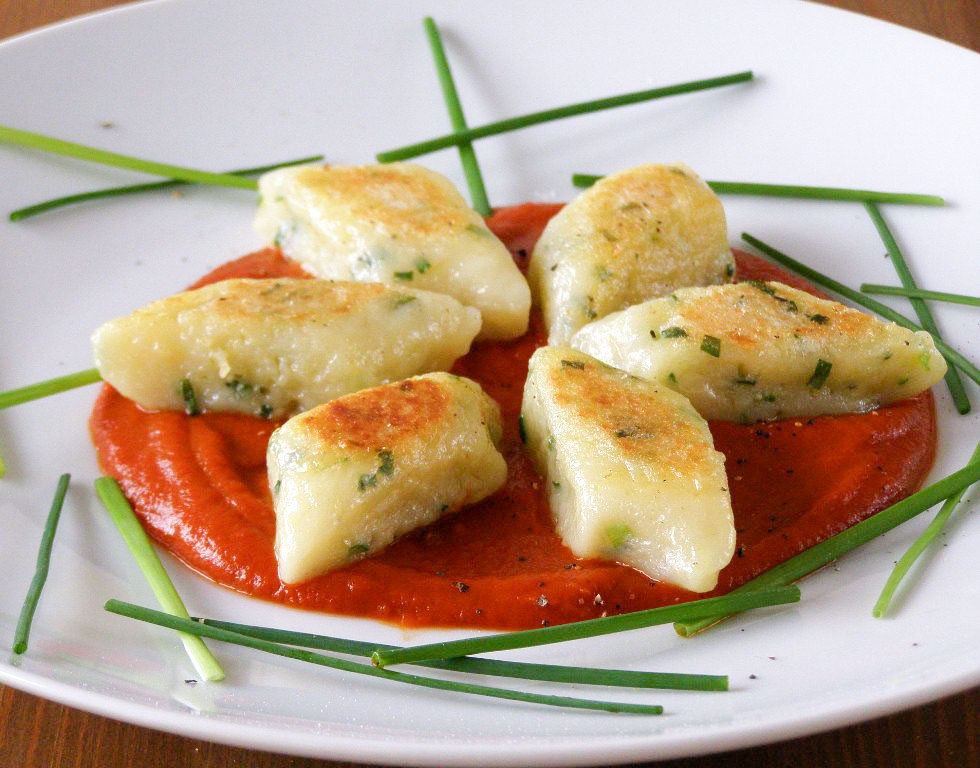 maple•spice Pan Fried Chive Gnocchi with SunDried Tomato Coulis