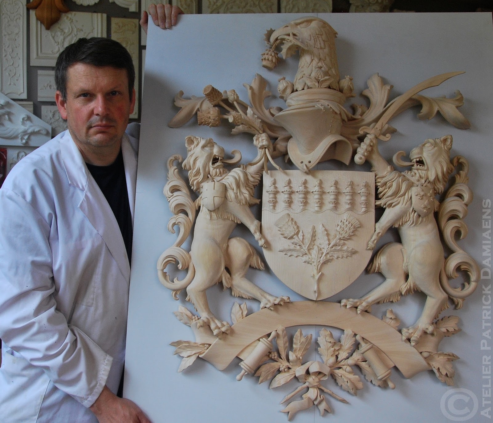 ORNAMENTAL WOODCARVER Patrick Damiaens Carved Family coat of arms