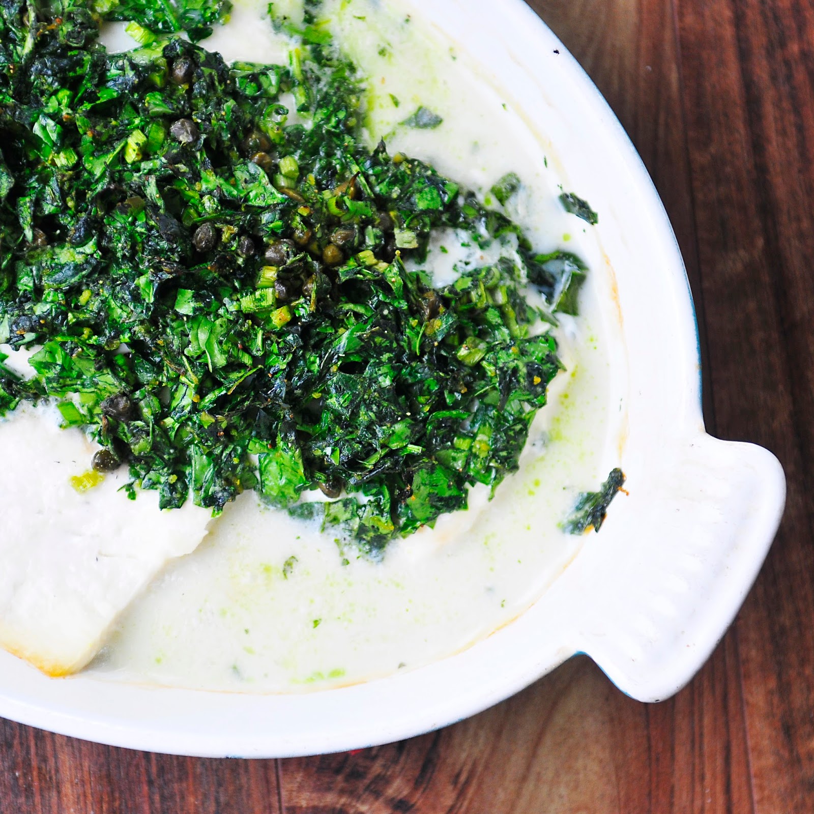 Simply Gourmet Oven Poached Halibut with Spinach, Parsley, and Capers