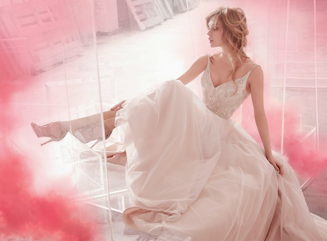 HARLEY PAIGE WEDDING DRESSES SPRING 2015 BY JLM COUTURE A-line “bridal gown”, beaded V-neck ballerina bodice with open V-back and studded strap detail, soft flowing circular skirt. wedding dresses