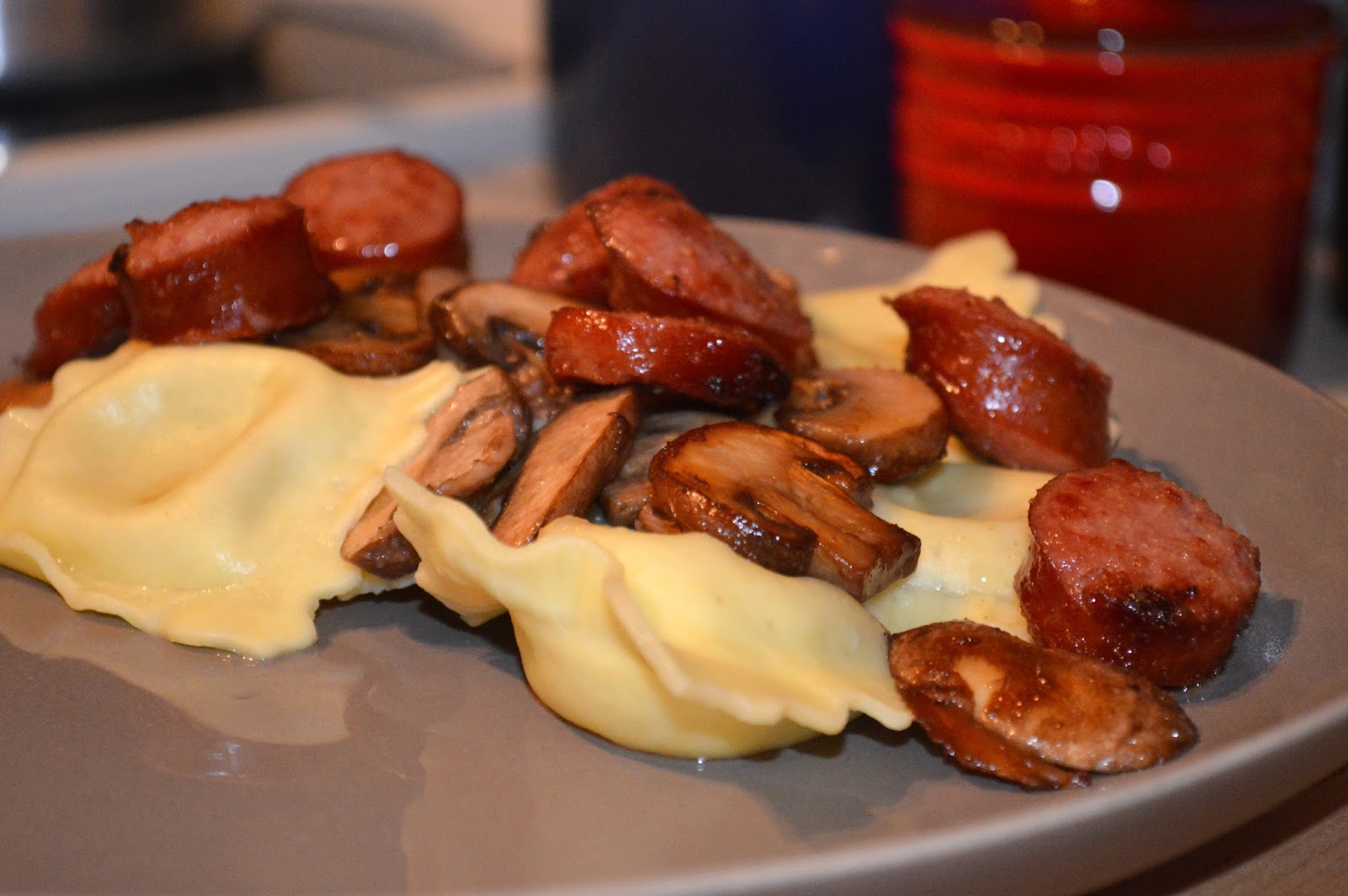 the Experimental Spoon Sauteed Mushroom & Kielbasa with Ravioli