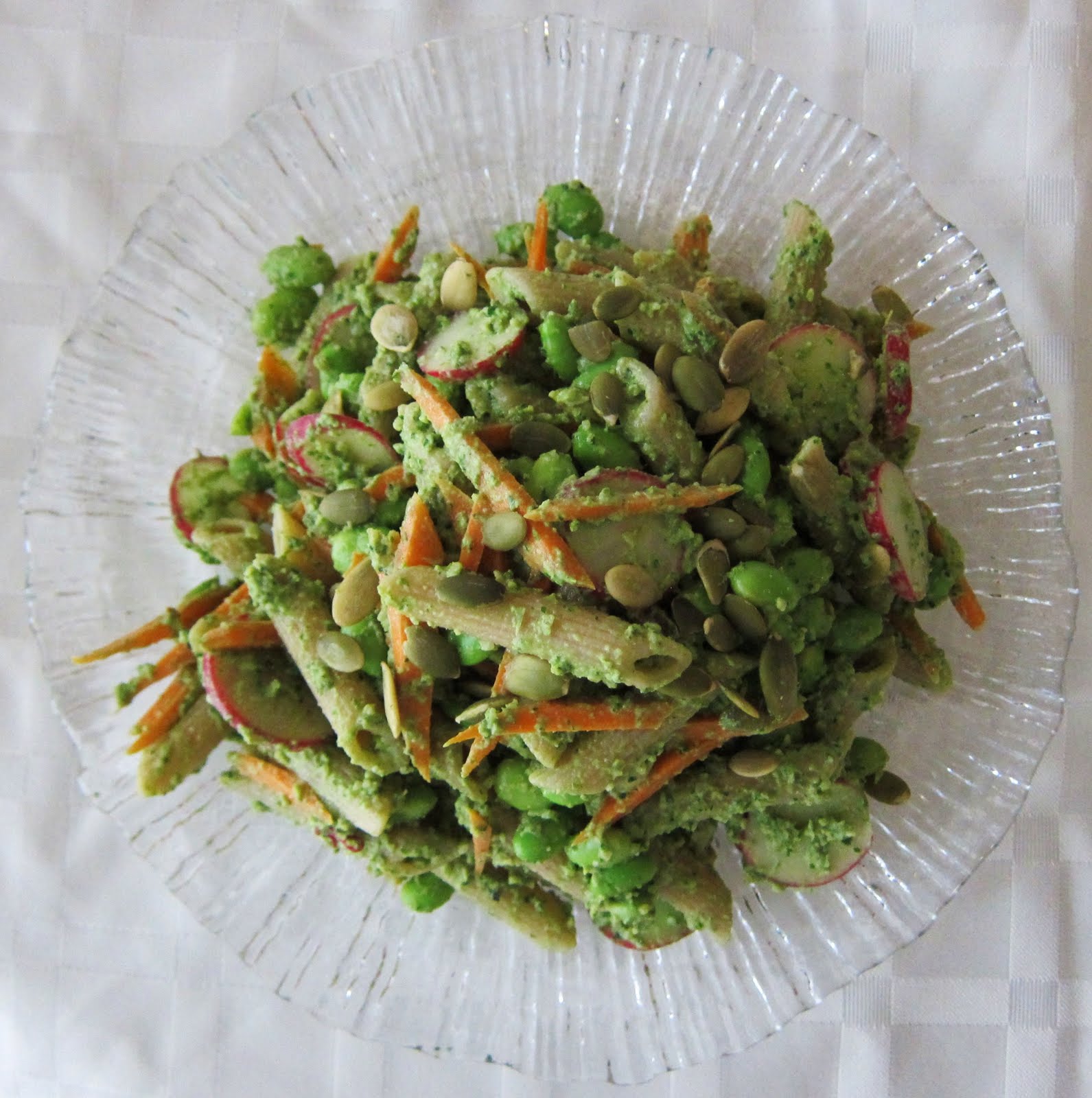 Garlic and Sea Salt Edamame Pasta Salad with Arugula Mint Pesto