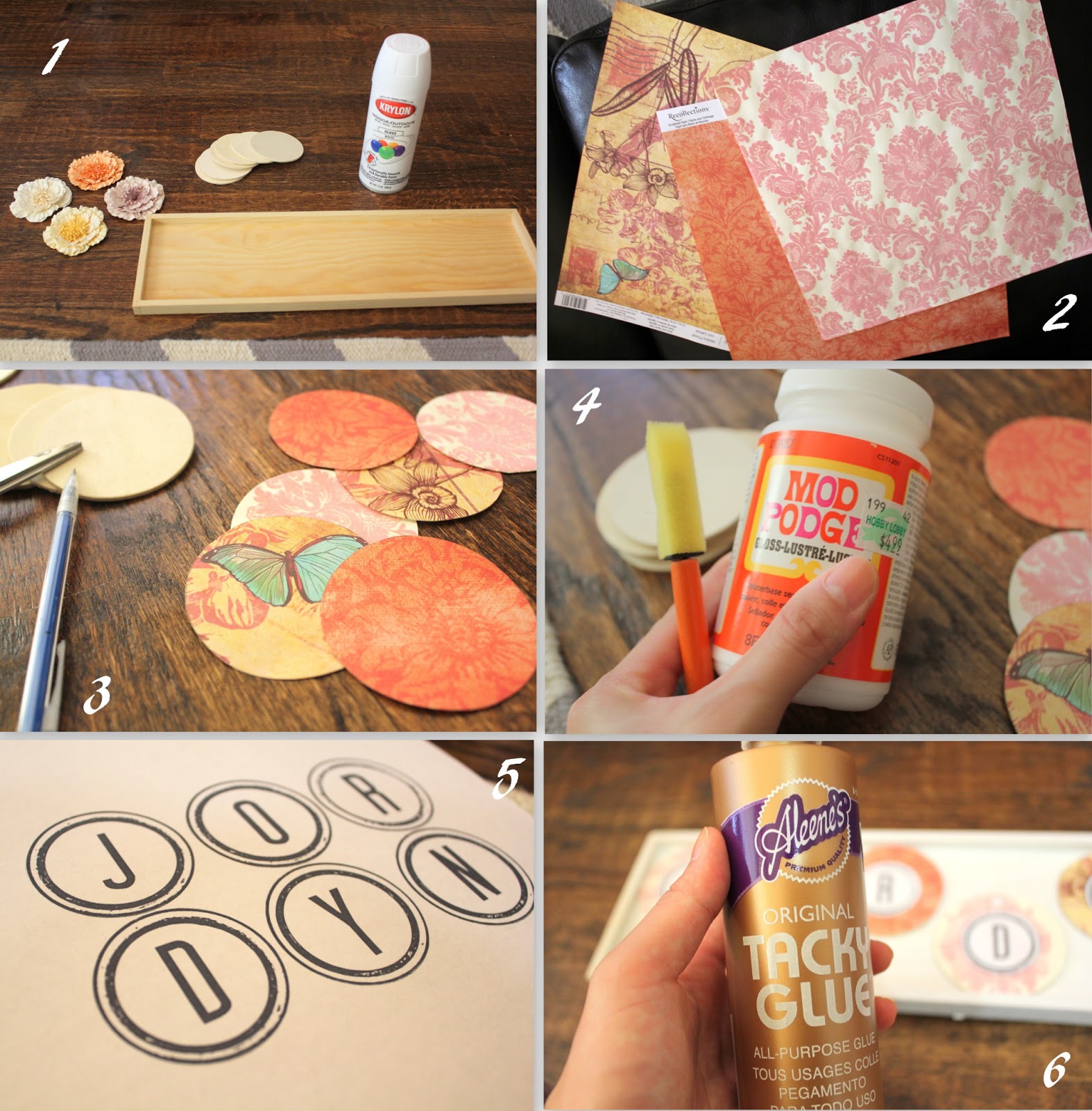 ... paint, 6 round wooden slabs, decorations, and various scrapbook paper