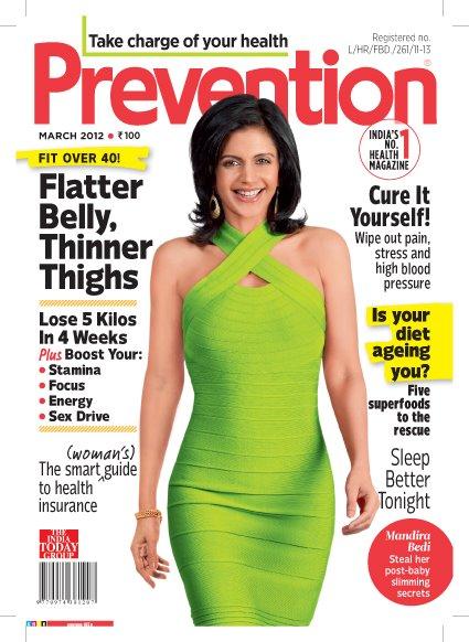 Mandira Bedi Prevention cover in Green Lemon Dress - Mandira Bedi on Cover of Prevention India (March 2012)