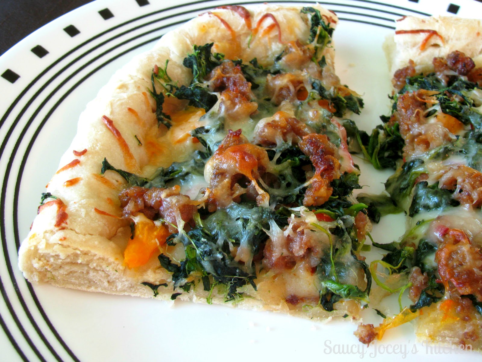 Saucy Jocey's Kitchen Italian Sausage, Spinach, and Heirloom Tomato Pizza