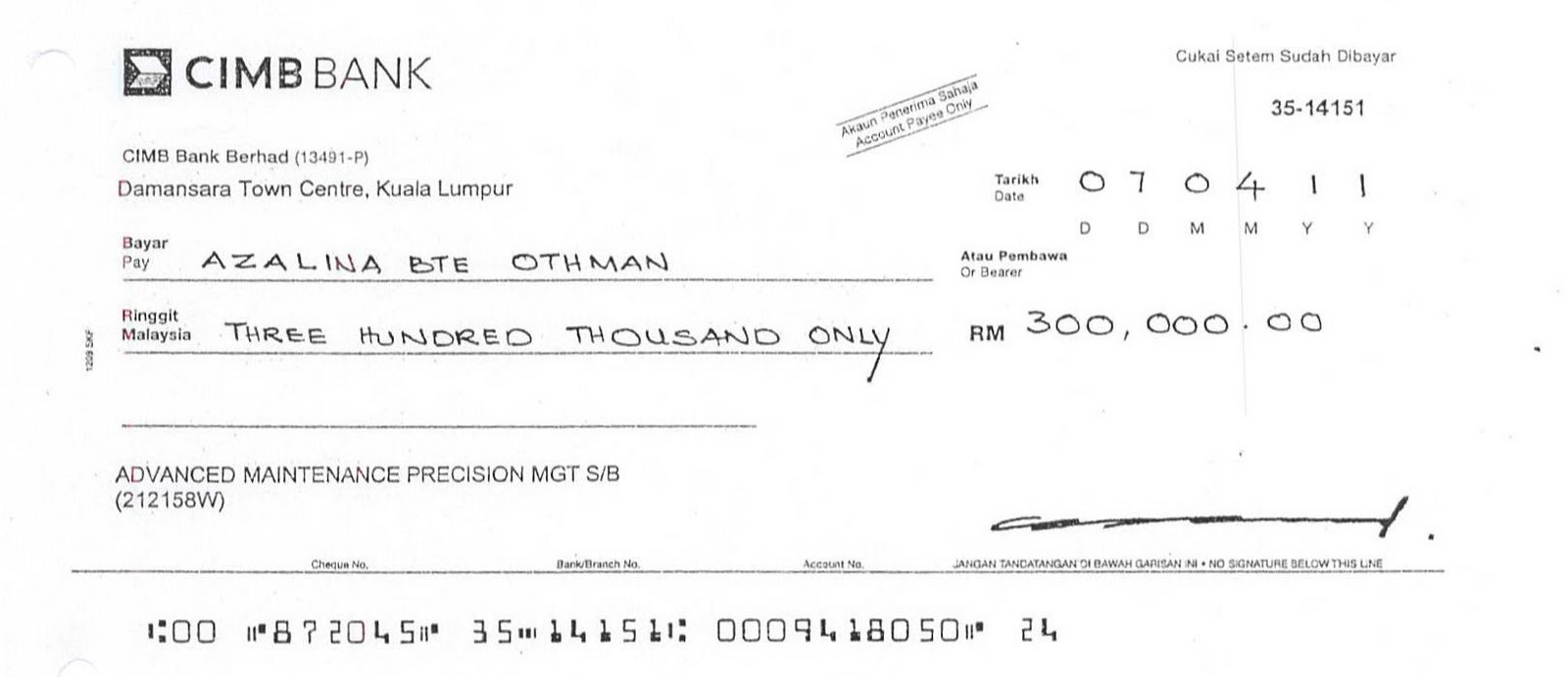 Cheque Sample Malaysia