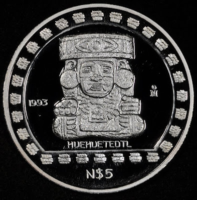 Mexico silver commemorative coin Pesos Huehuetéotl