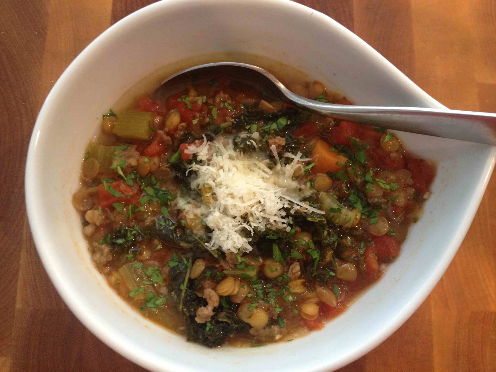 Oregon Transplant Lentil Soup with Spicy Sausage and Kale