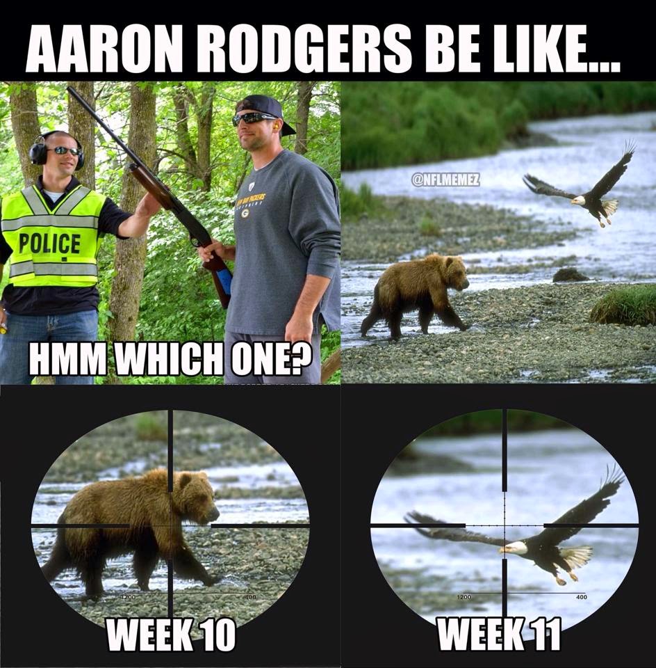 aaron rodgers be like...  hmm which one? week 10. week 11. #Packers #Rodgers #BearsHaters #EaglesHaters