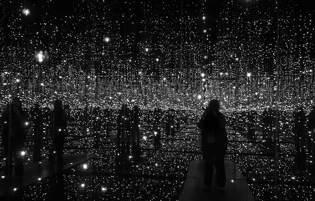 Infinitely Me in Black & White, Inside the mirrored infinity room by Kusama, 2013