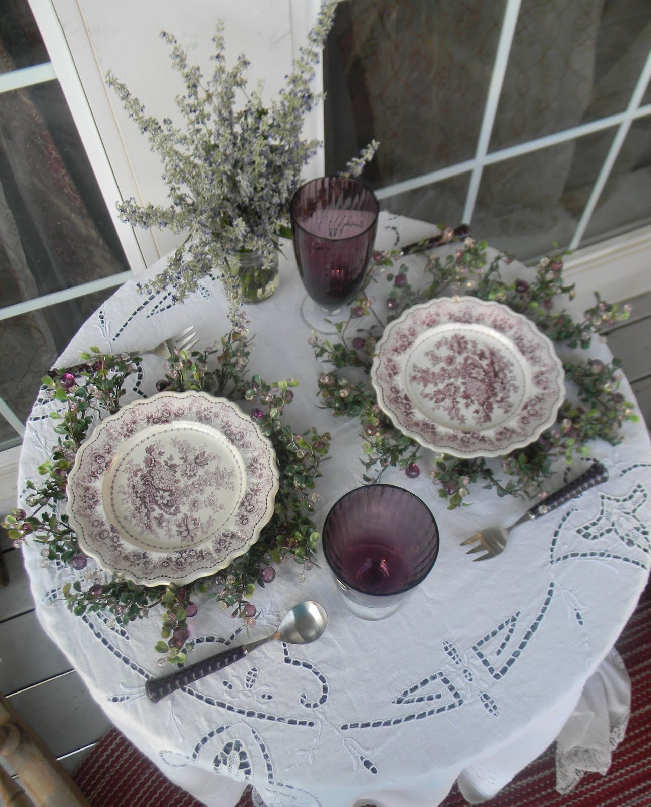 Ridgways Tuscan Rose Purple Transferware Table for Two