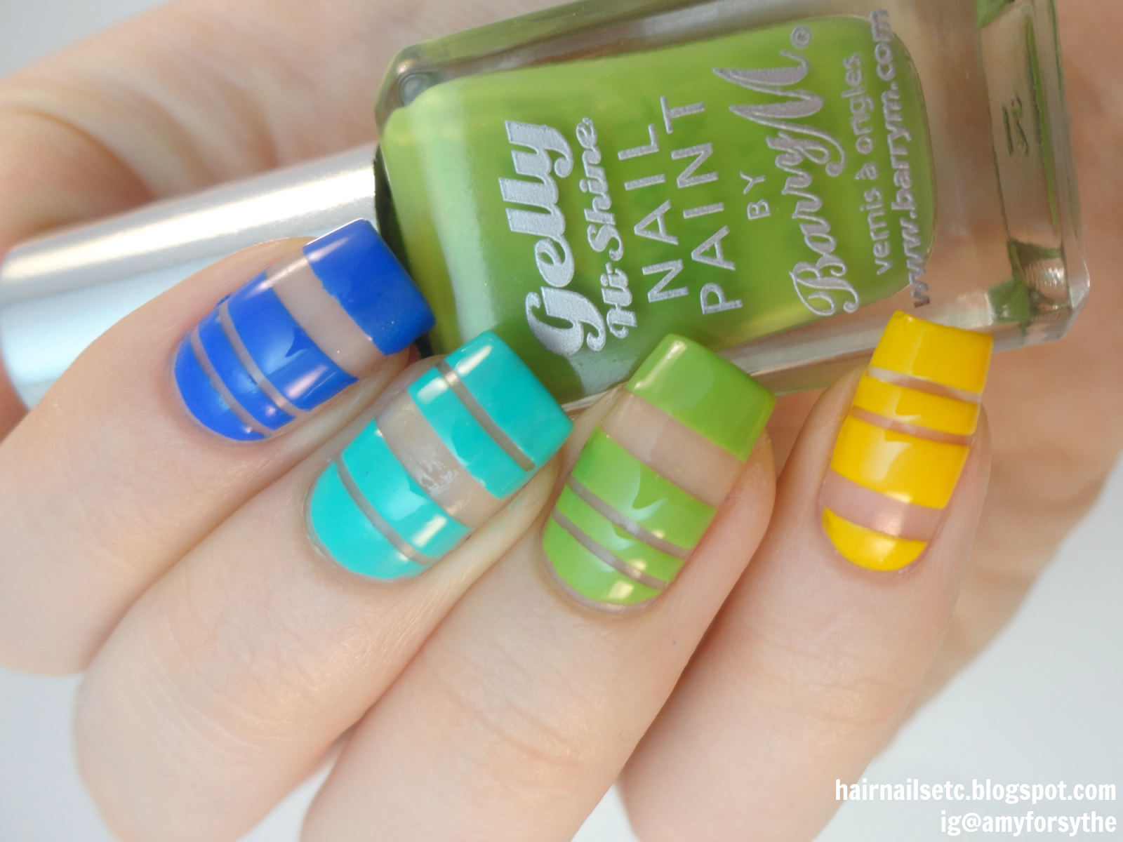 Bright Spring Colours Negative Space Nail Art using Barry M Gelly Damson, Greenberry and Key Lime and Kiko Yellow - www.hairnailsetc.blogspot.co.uk / ig@amyforsythe